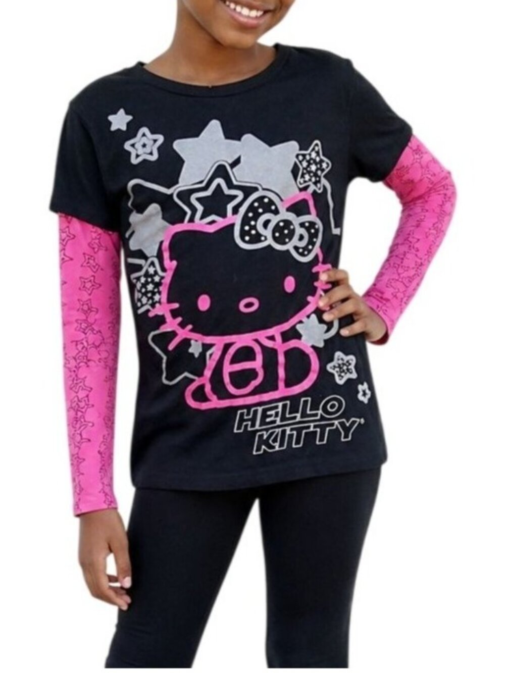 Hello Kitty Girls Size XS Top Graphic Design Long Sleeve Black Pink Star Print